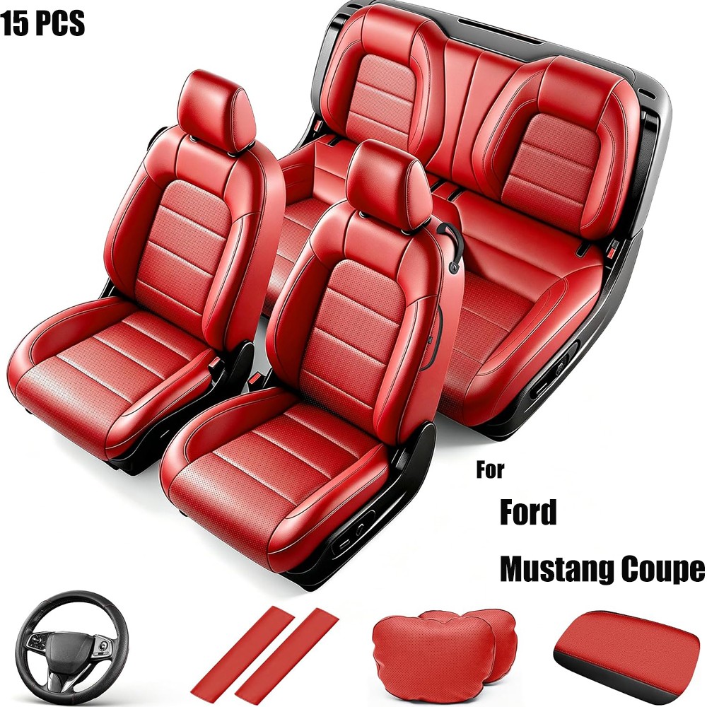 15 PCS Car Protector Interior Seat Covers For Ford Mustang Coupe 2015-2026 Red