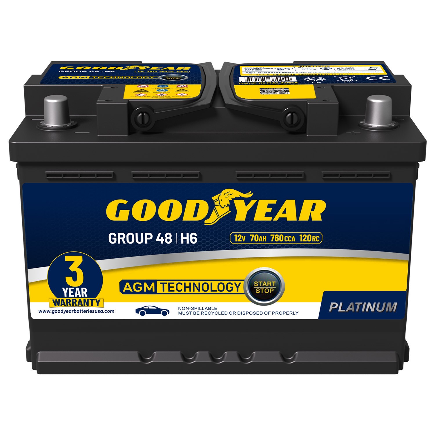 Goodyear Group 48 12V 70 AH, 120RC, 760 CCA Platinum AGM Automotive Battery