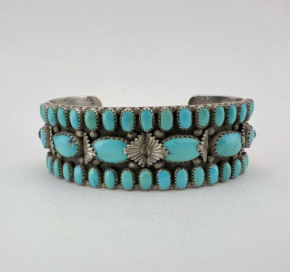 Vintage Dave & Celia Nieto Zuni Sterling Silver Turquoise Cluster Cuff Bracelet