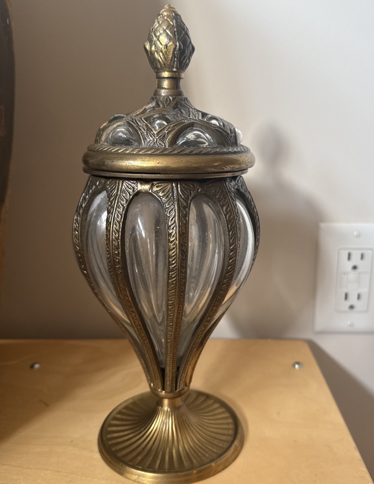 Rare Vintage Baroque Brass And Blown Caged Glass Apothecary Jar With Lid