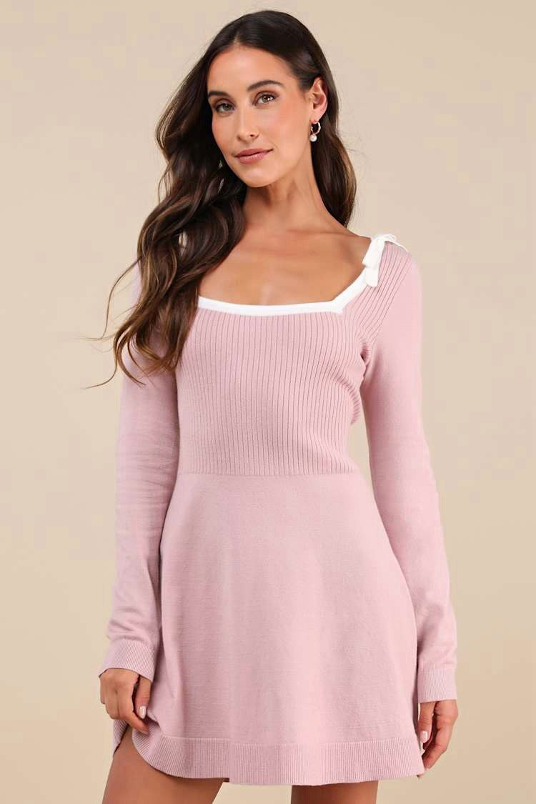 Lulus - pink long sleeve mini sweater dress, M