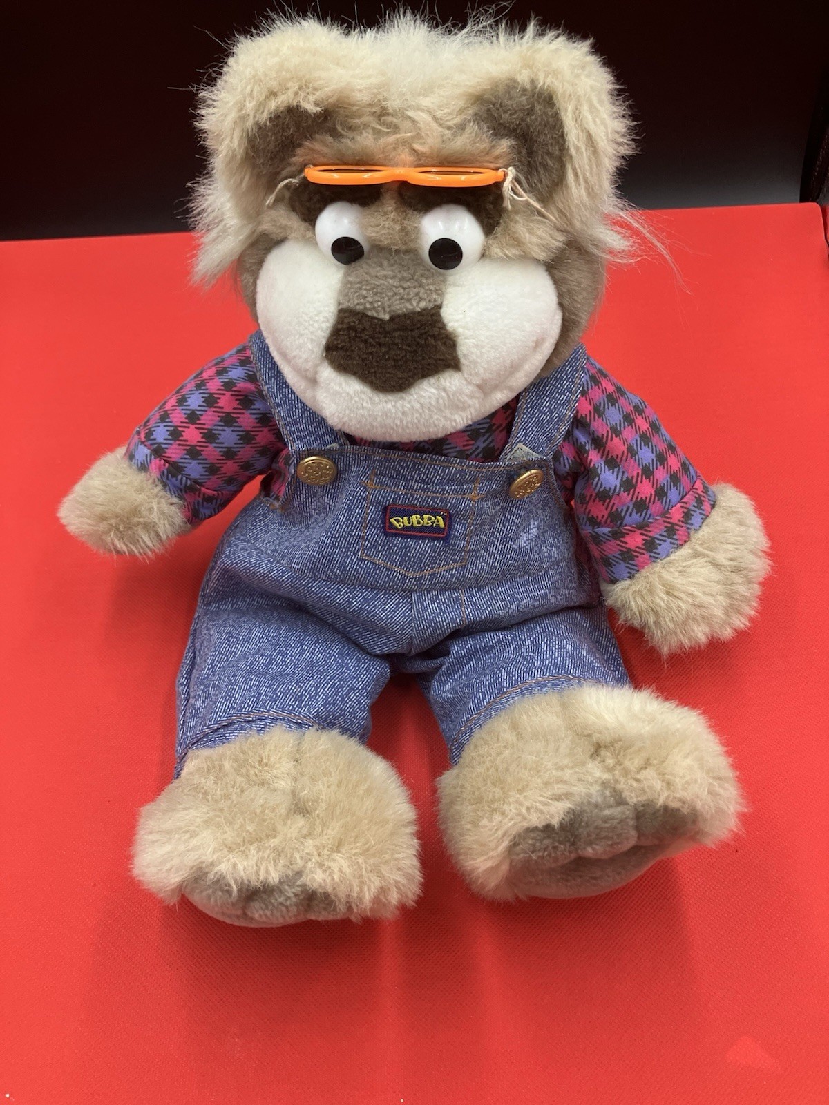 Bubba Vintage 1995 Bear Plush Stuffed Animal Denim Overalls Orange Glasses