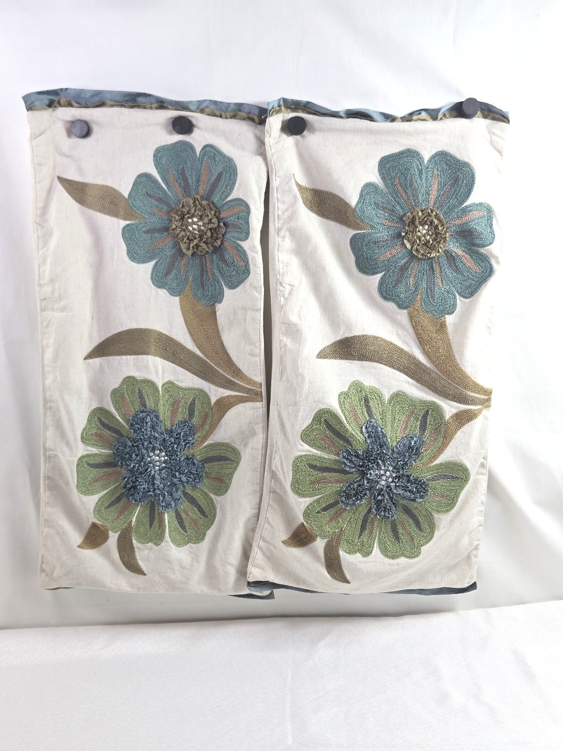 Pier1 Imports Floral Embroidered 2 Pillow Cover Cushion Teal Green Cream