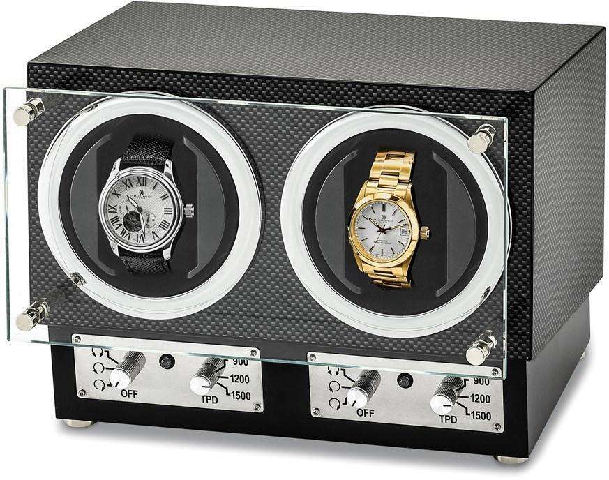 Luxury Giftware High Gloss Carbon Fiber Finish Glass Door Dual Watch Winder