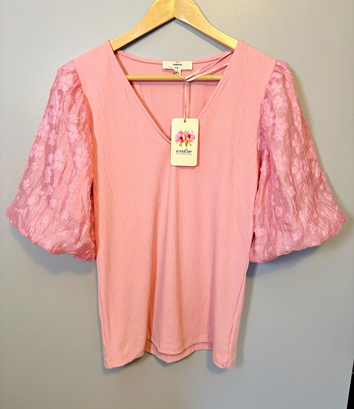 Entro Pink V-Neck Ribbed Knit Lace Puff Short Sleeve Blouse Sz L T18038