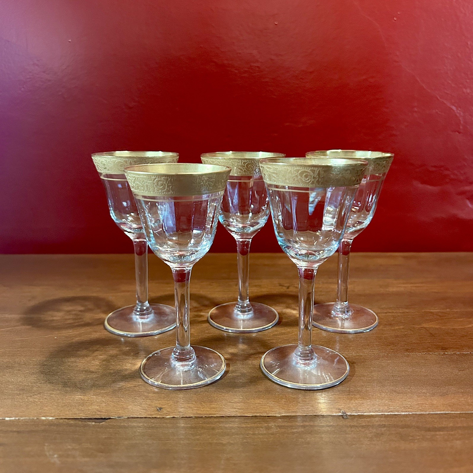 5 Vintage Tiffin-Franciscan Rambler Rose Wine Glasses Gold Encrusted Stem 14196 5 Vintage Tiffin-Franciscan Rambler Rose Wine Glasses Gold Encrusted Stem 14196