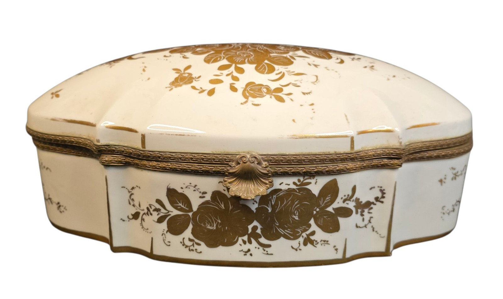 Huge Antique French Porcelain Dresser Box Ormalu Mounted Gilt Decoration
