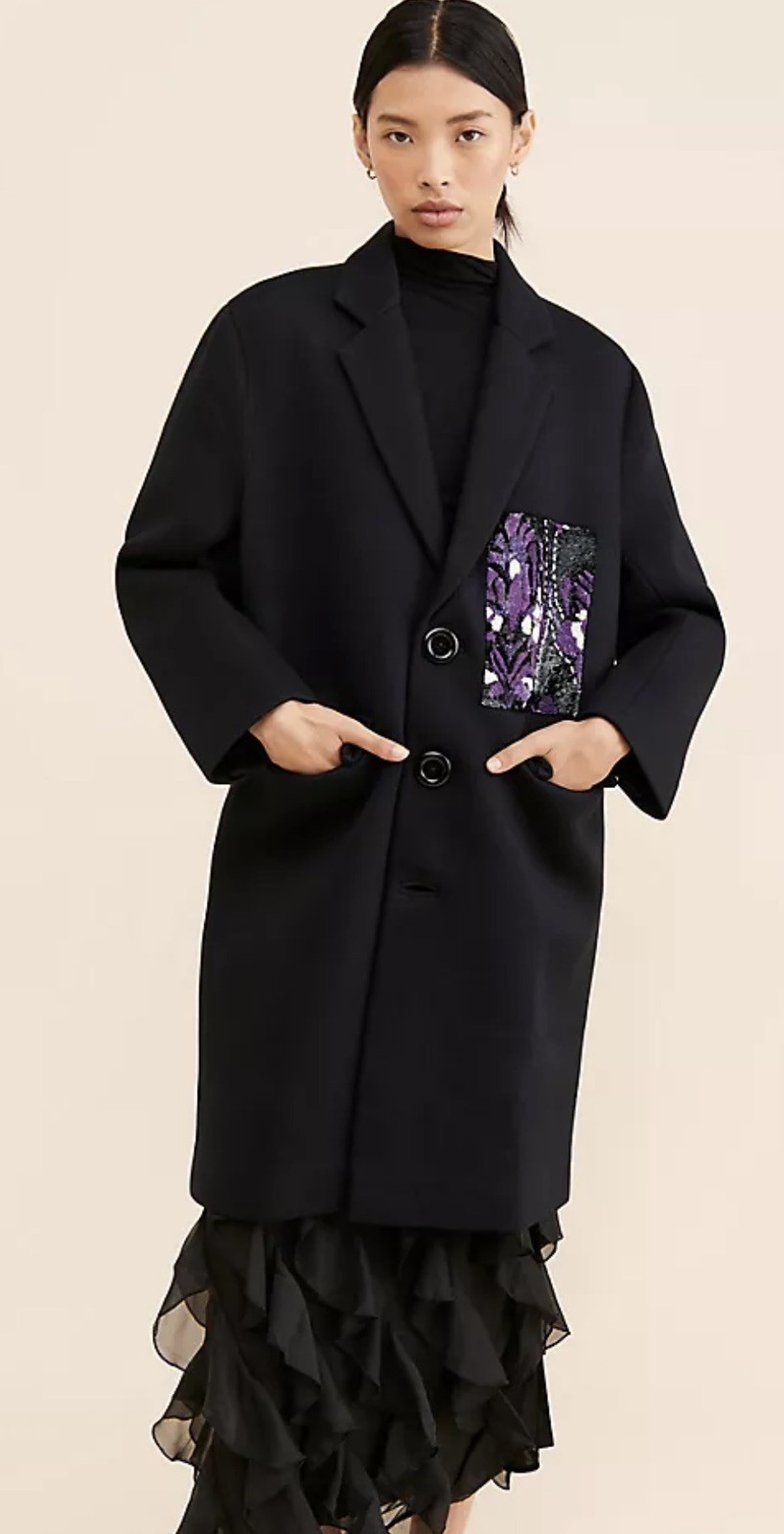 Dhruv Kapoor Coat Sequin Patch Overcoat Black $398 Retail NWOT Small Dhruv Kapoor Coat Sequin Patch Overcoat Black $398 Retail NWOT Small