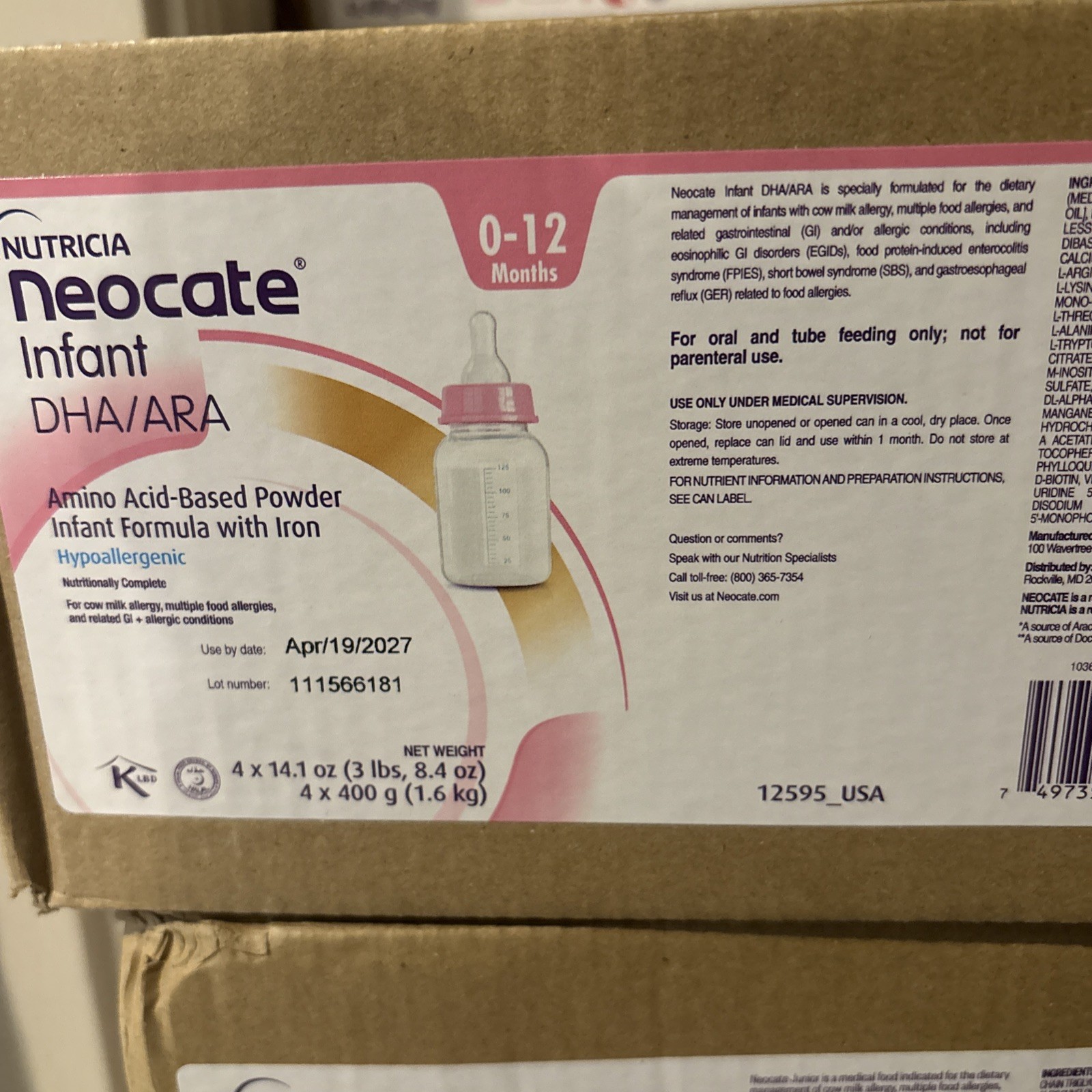 Neocate Infant DHA/ARA 14.1 Oz Sealed Case x 4 Cans & 