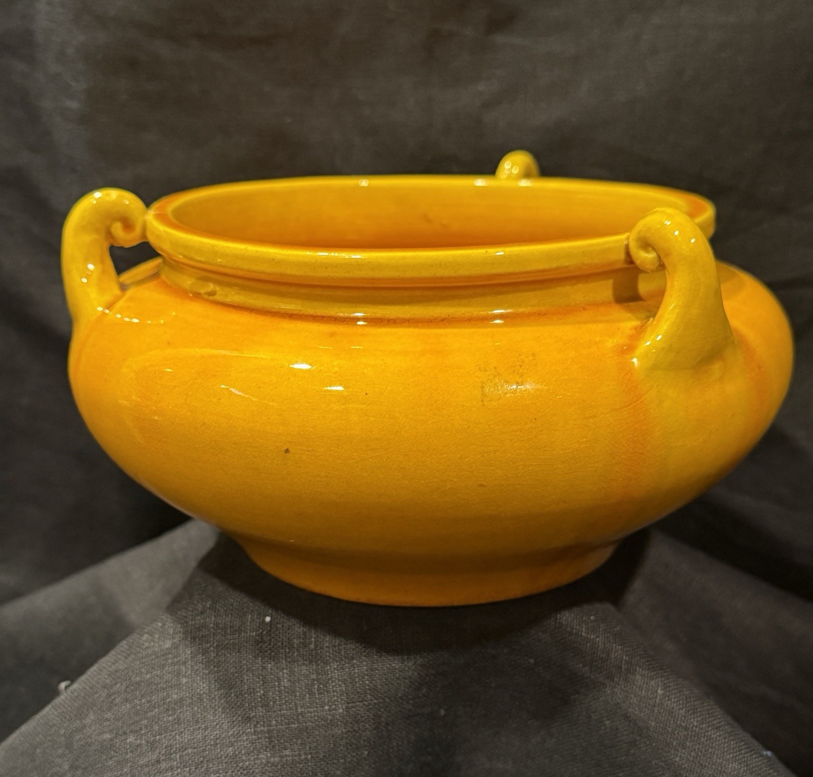 Awaji Vintage Pottery Yellow Gold Handled Bowl Made In Japan