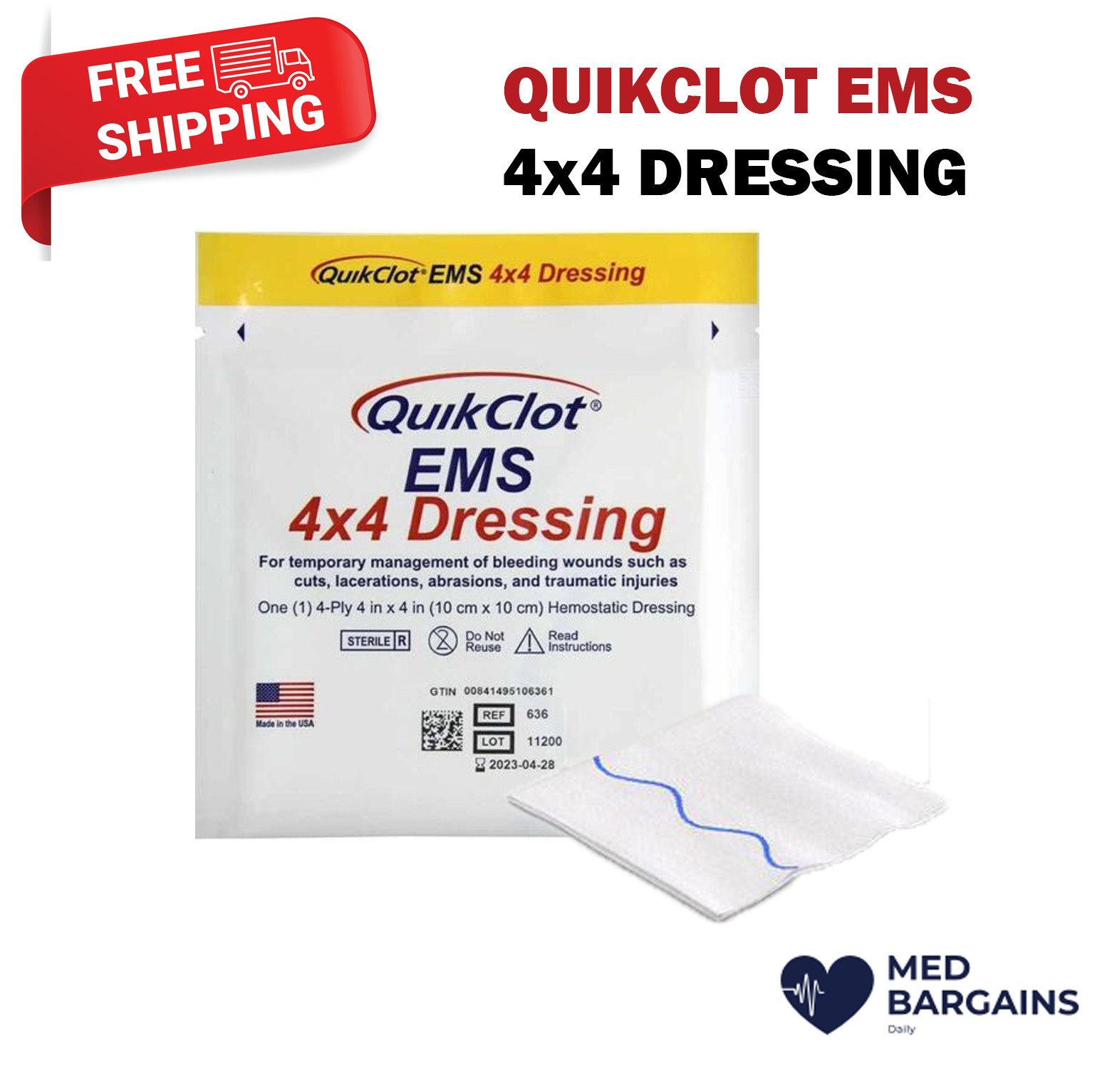 QuikClot EMS Sterile 4x4 Disposable Dressing