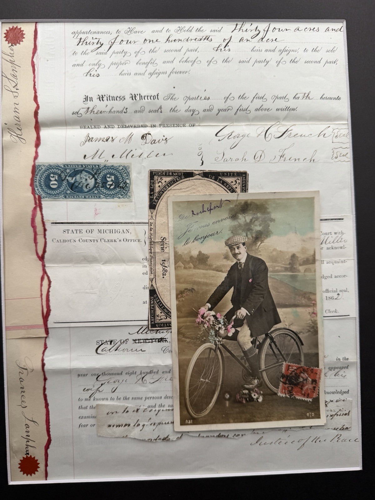 1864 Civil War Michigan Quit Claim Deed Original Revenue Stamp French Postcard