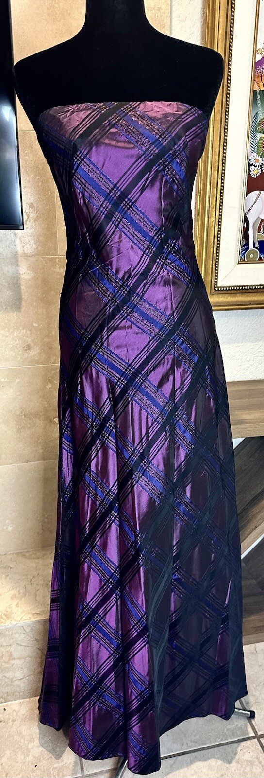 VTG Reggio Taffeta Silk Purple Plaid Strapless Long Dress US 4 S Train VTG Reggio Taffeta Silk Purple Plaid Strapless Long Dress US 4 S Train