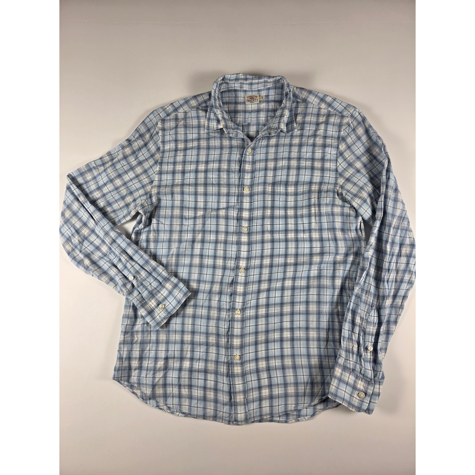 Faherty Brand Mens Large Blue White Plaid Cotton Button Down Long Sleeve Shirt