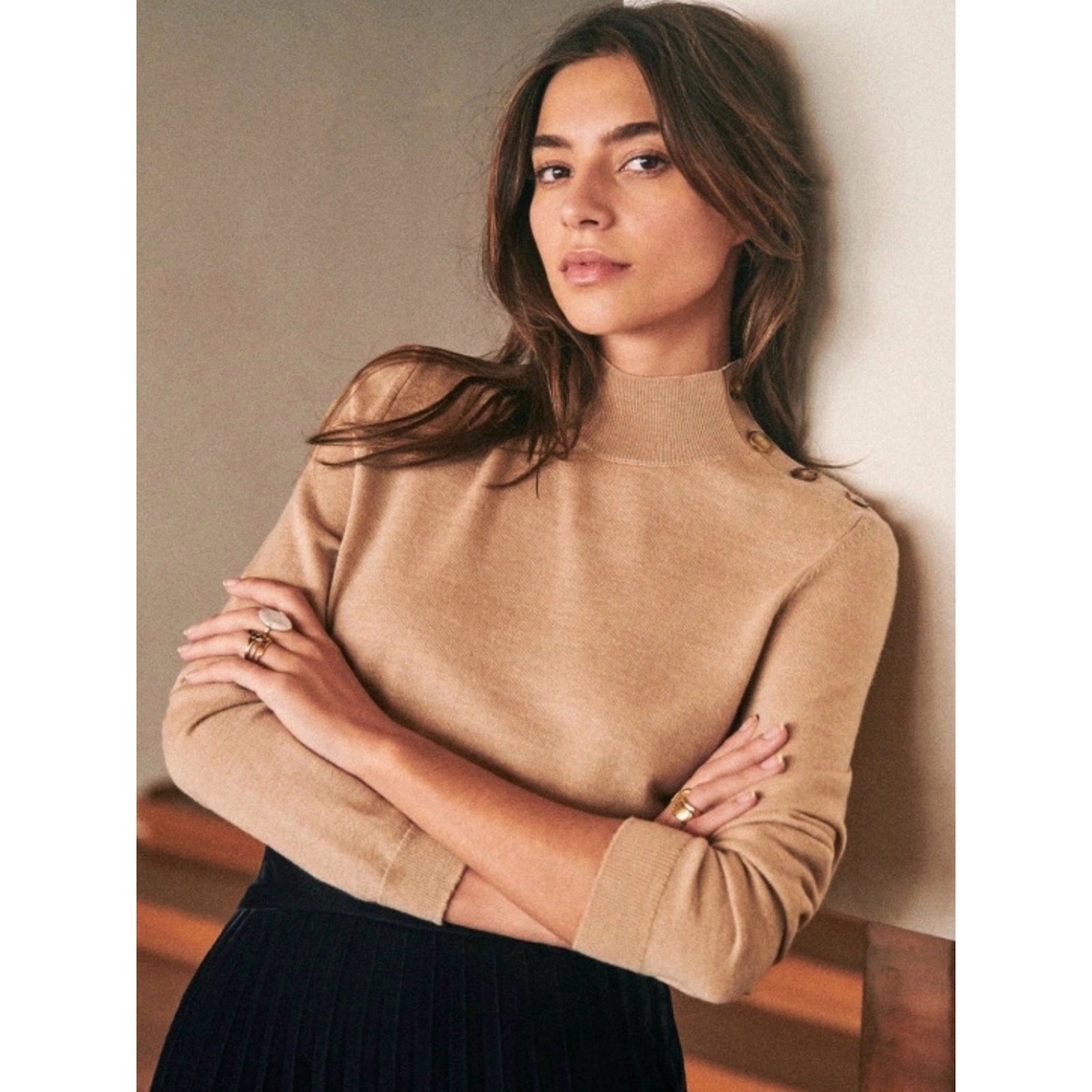 Sezane Jacob Jumper Merino Wool Tan Mock Neck Womens Sweater Large Quiet Luxury Sezane Jacob Jumper Merino Wool Tan Mock Neck Womens Sweater Large Quiet Luxury
