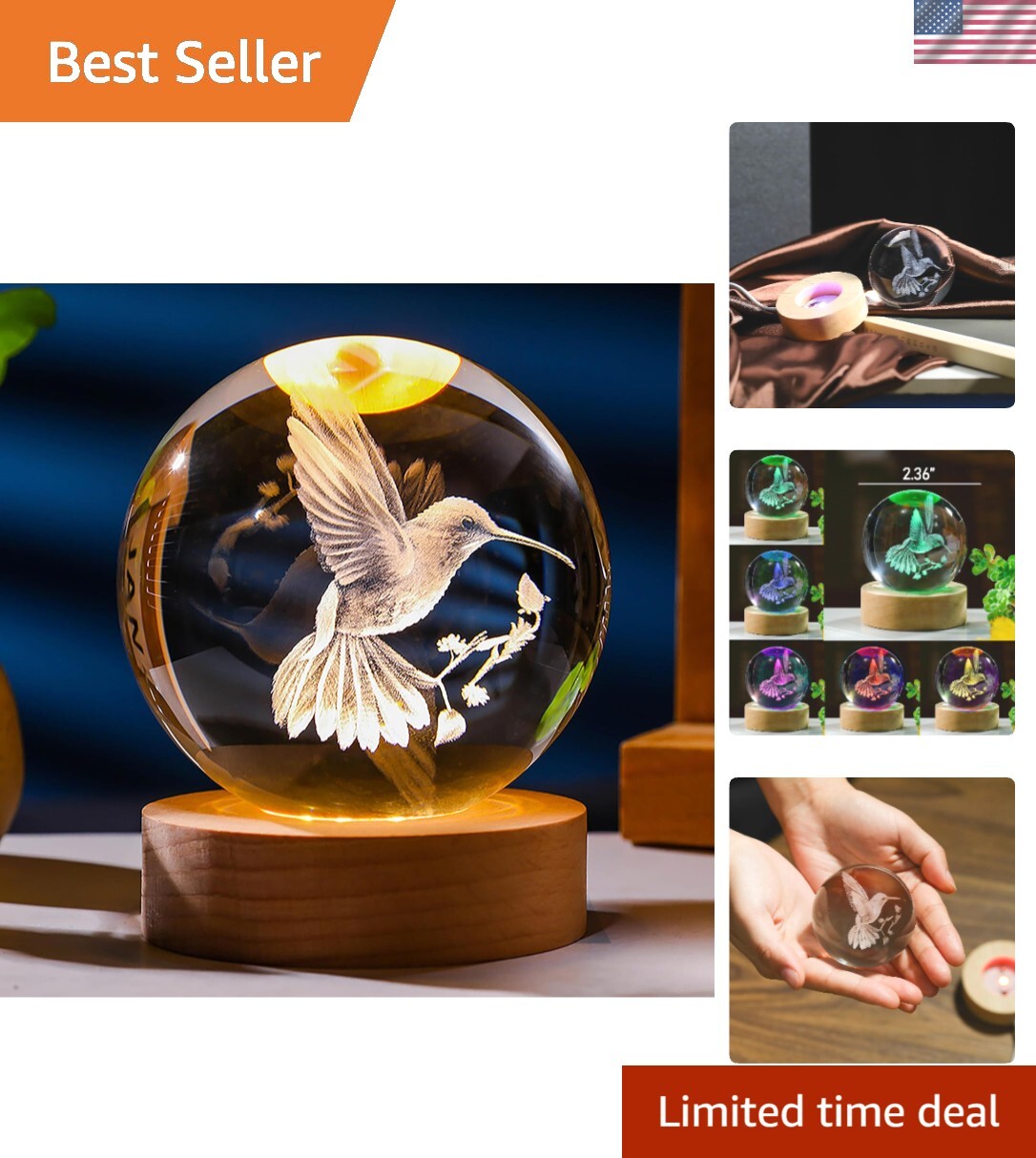 3D Hummingbird Gifts for Women Crystals Ball 60mm- Hummingbird Figurines Deco...