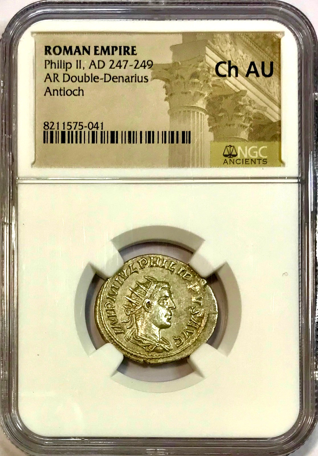 247-249 AD Philip II & Roma Ancient Roman Silver Dbl Denarius Coin NGC Choice AU