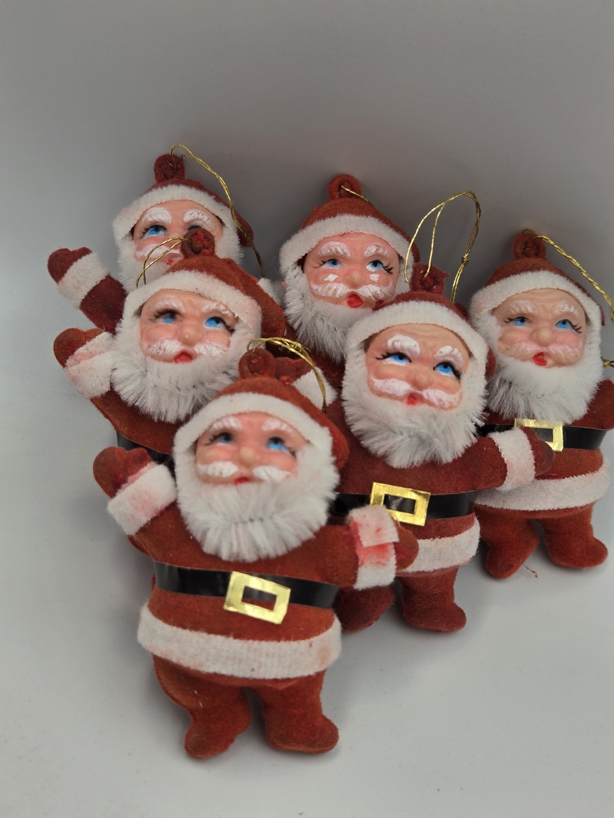 Vintage Christmas Ornaments Flocked Red Blow Mold Santa 6 Vintage Christmas Ornaments Flocked Red Blow Mold Santa 6