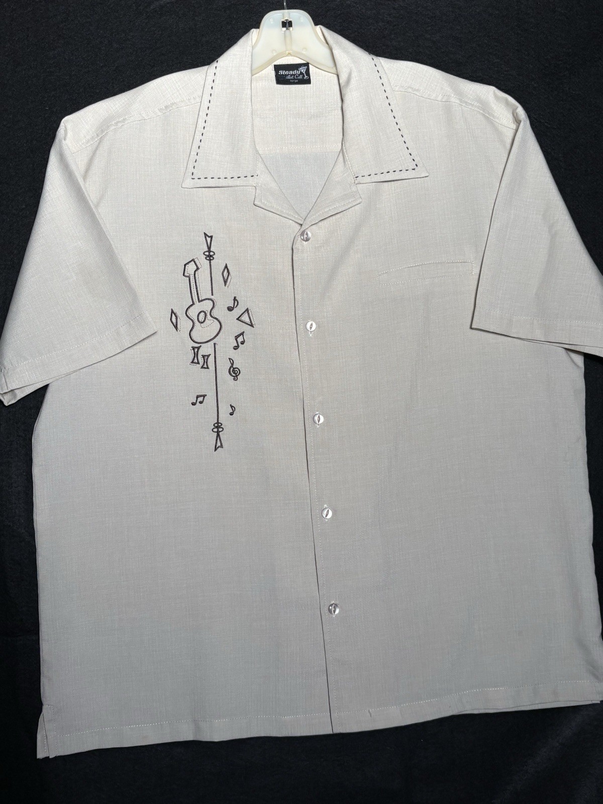 Vtg Steady Last Call Mens Shirt Large Embroidered Guitar Ivory Polyester Martini