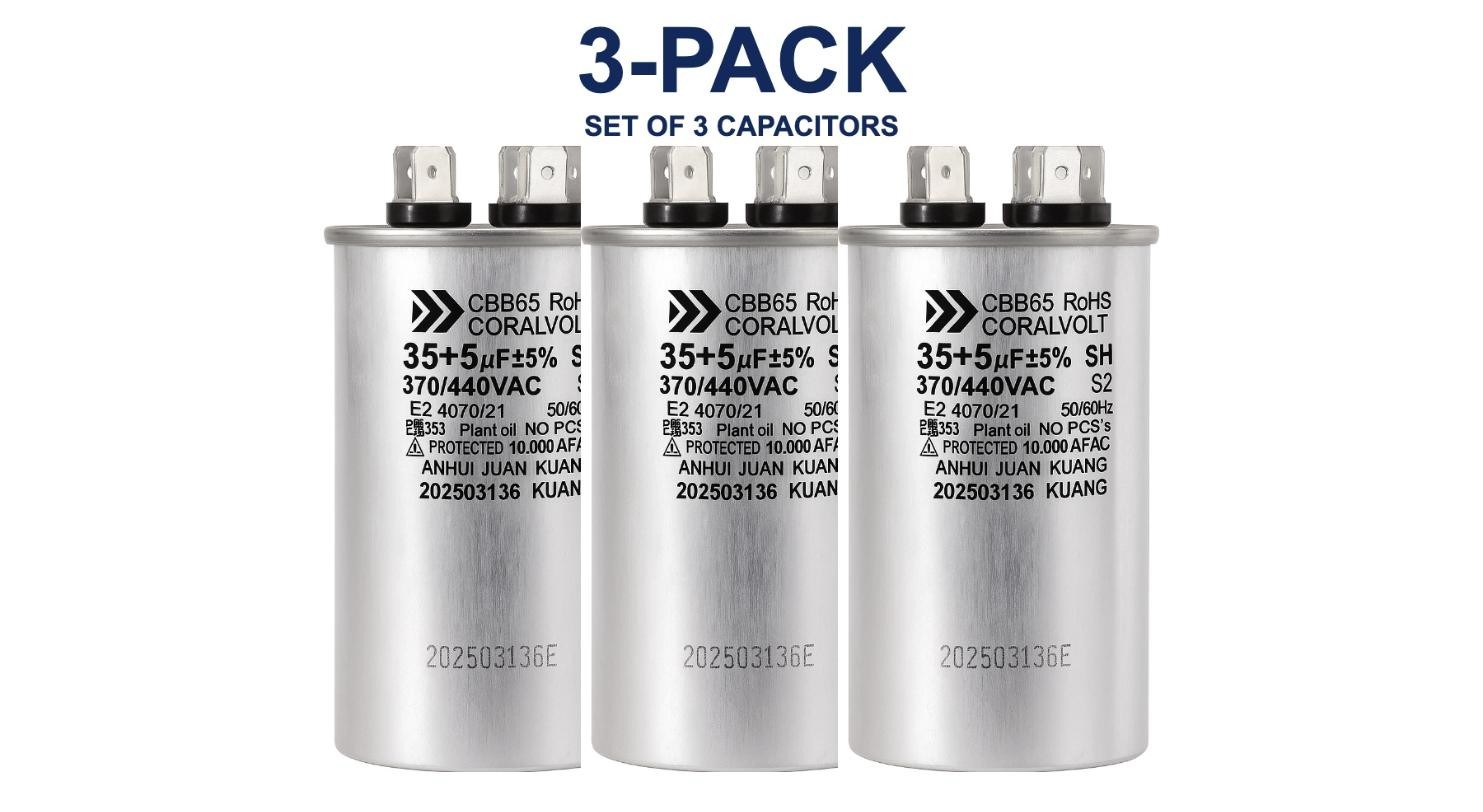 CORALVOLT 35+5MFD Dual Run HVAC Capacitor— for Carrier, Trane, Goodman (3 Pack)