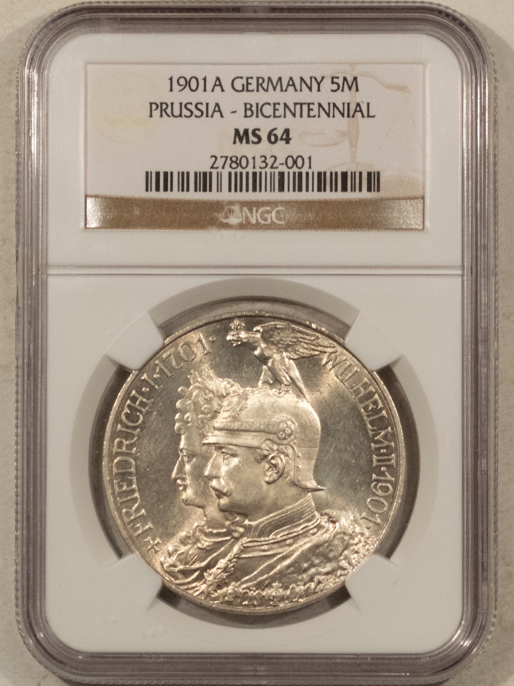 1901A GERMANY 5 MARK PRUSSIA-BICENTENNIAL, KM526 - NGC MS-64 1901A GERMANY 5 MARK PRUSSIA-BICENTENNIAL, KM526 - NGC MS-64