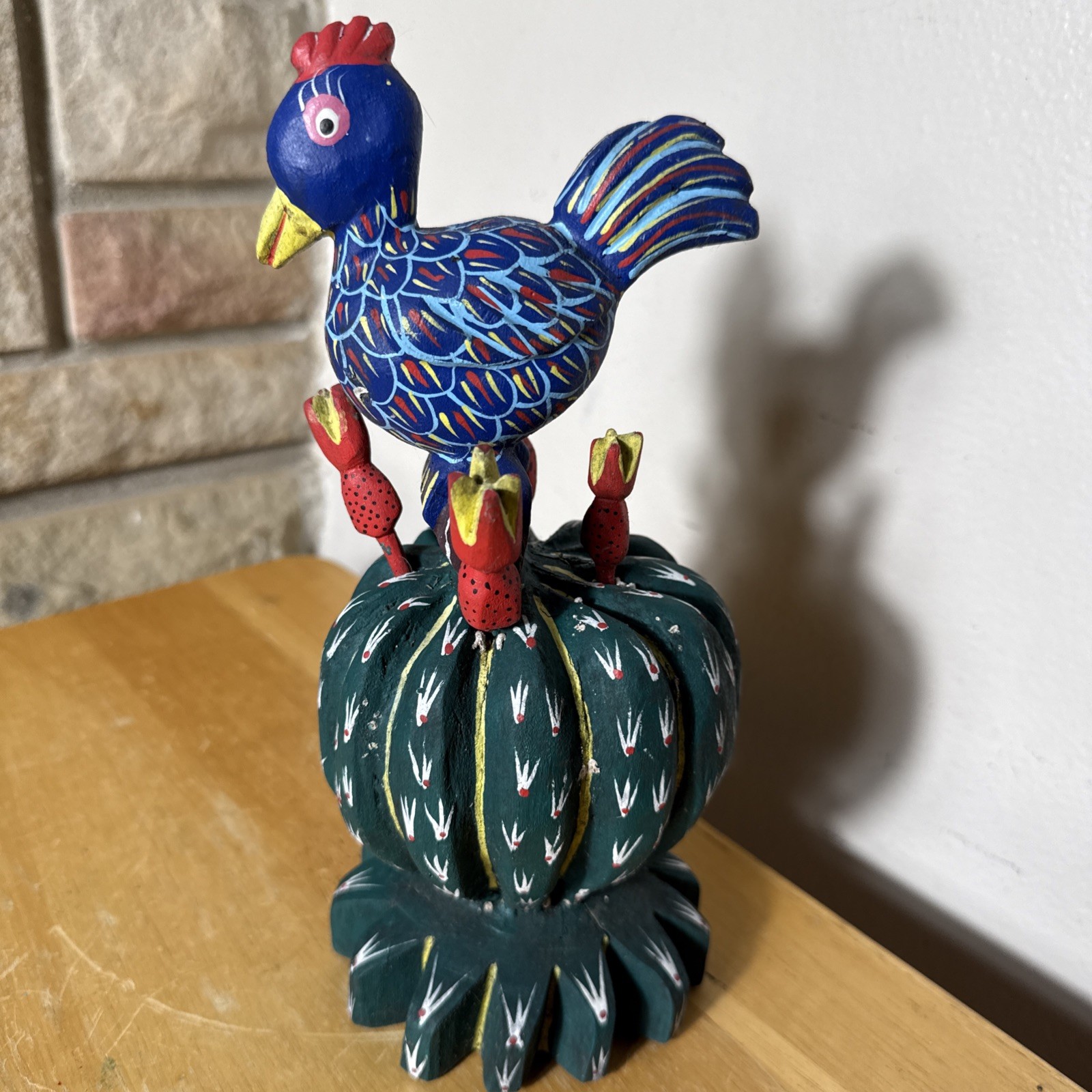 Vintage Oaxaca Wood Carving Chicken On Cactus  Mexican Folk Art 9” H