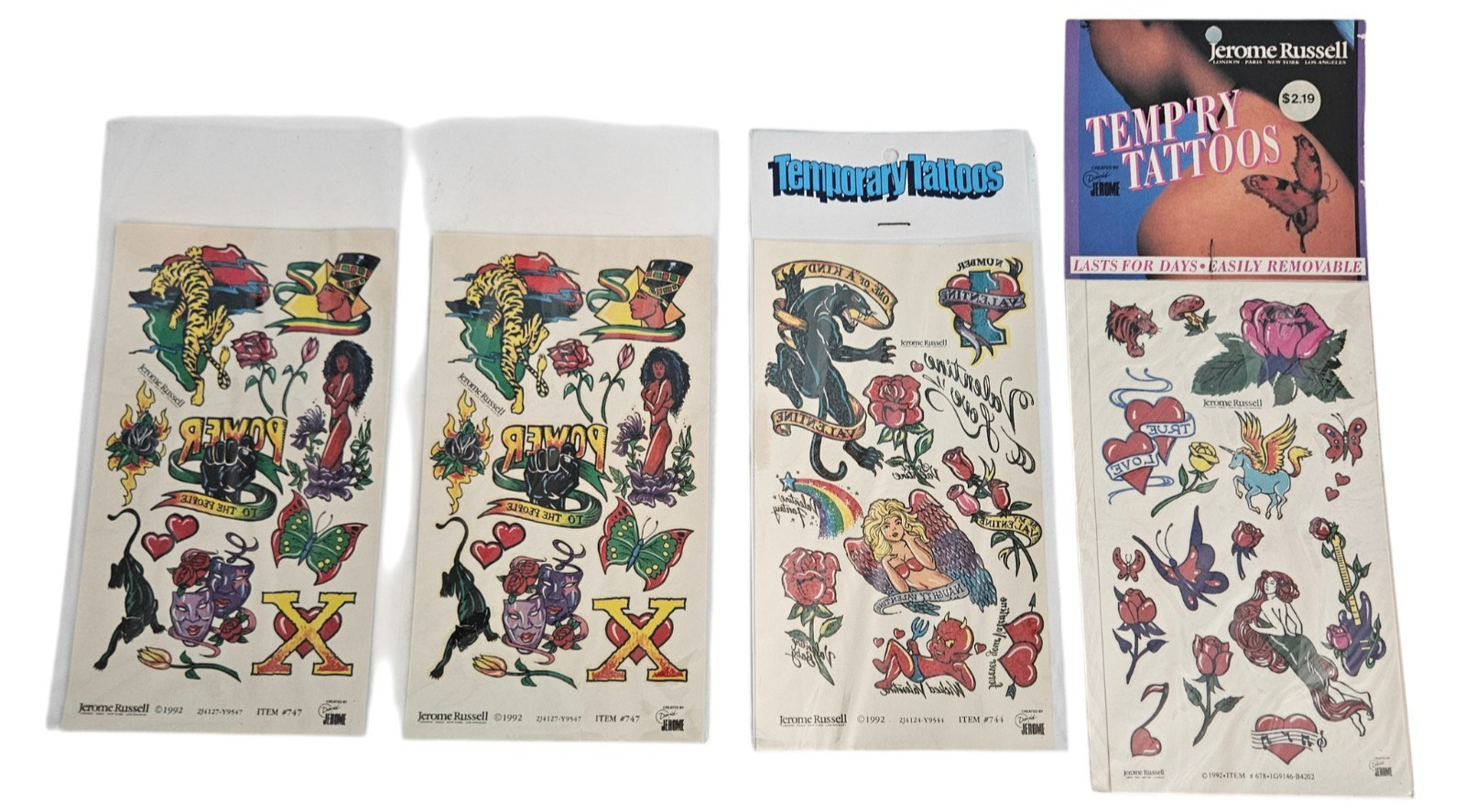 Vintage 1992 90s Jerome Russell Temporary Tattoos Skulls Roses Variety Lot Of 4