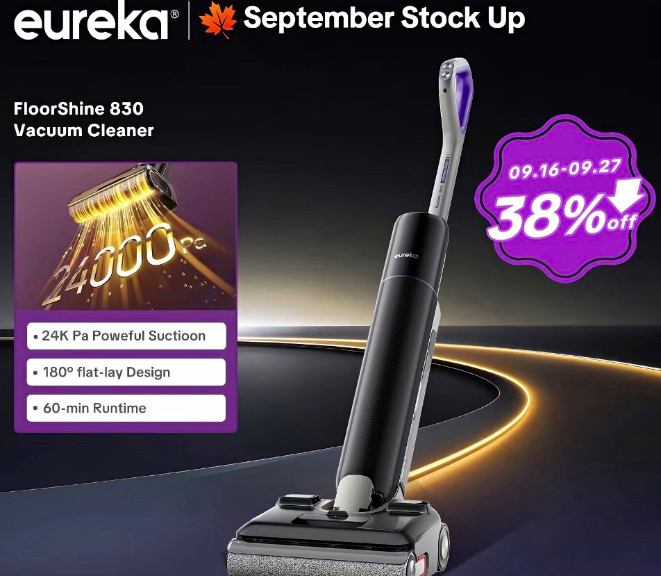 Eureka FloorShine 830 Stick Vacuum Bagless 60 Min 180° Lie-Flat w/ Base
