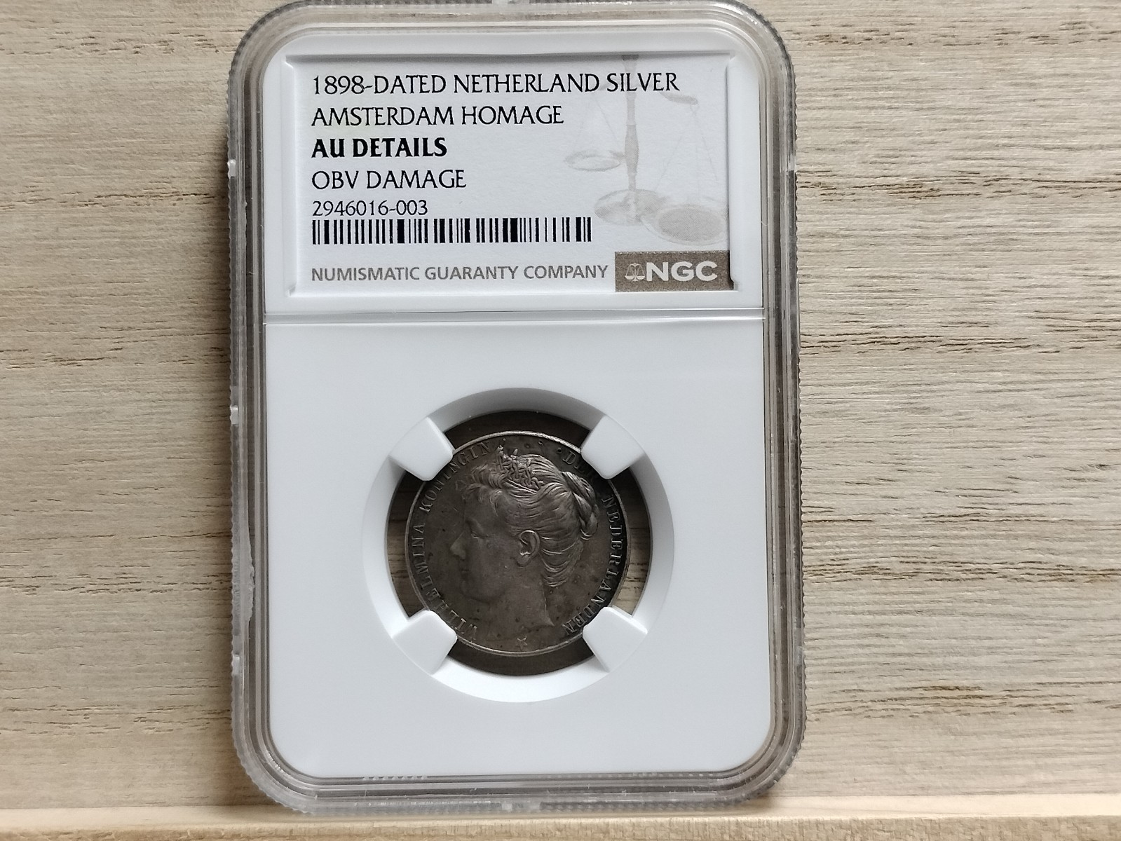 1898 Wilhelmina Inauguration Netherlands Silver Medal NGC AU Details