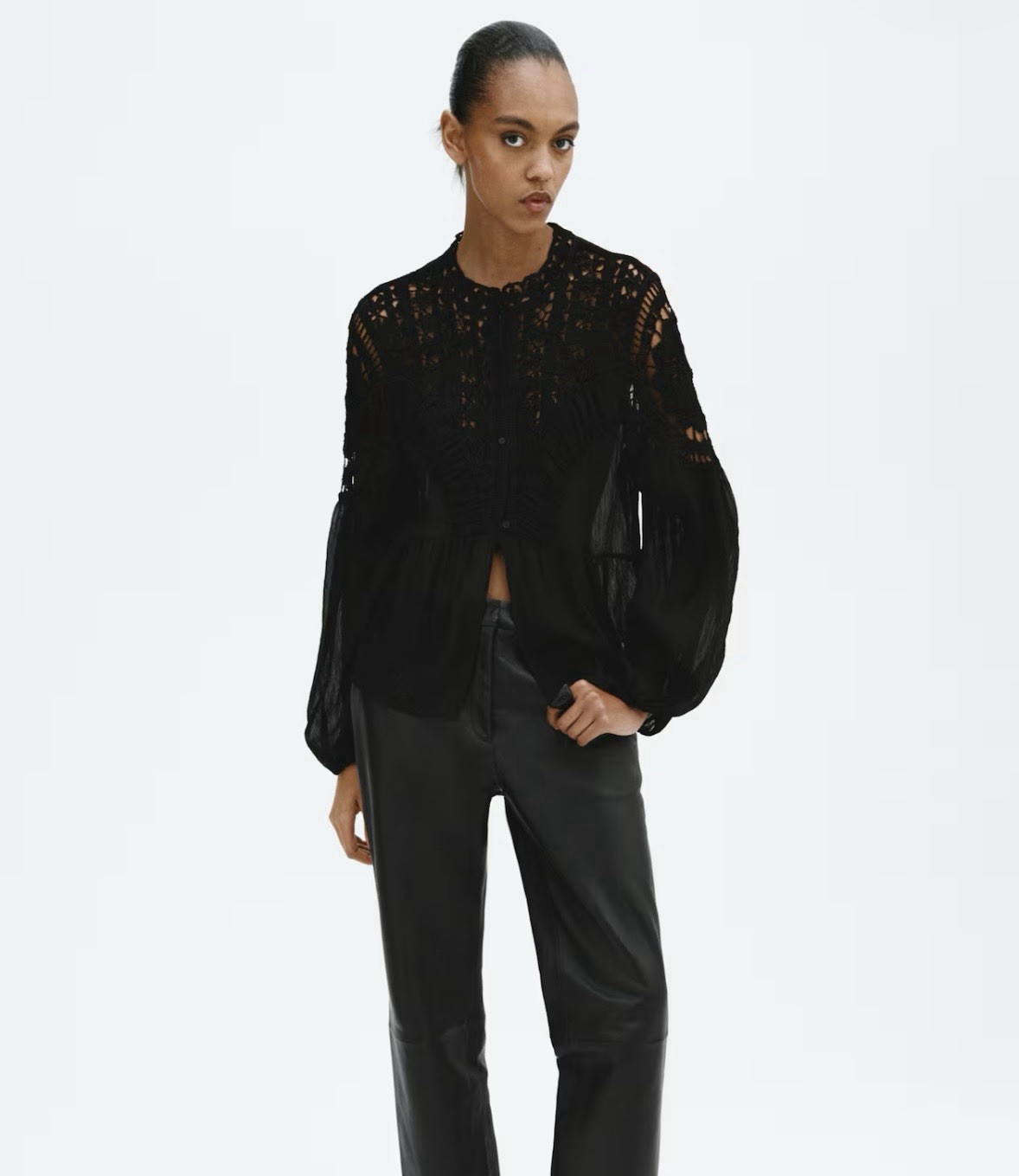 H&M Edition Crochet Look Long Sleeve Blouse (Black) 1335552001 Sz Large