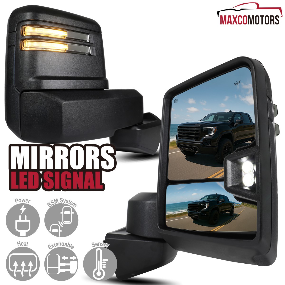 Tow Mirrors Fits 2019-2025 GMC Sierra 1500 Power Heated+Smoke LED Signal+Blind Tow Mirrors Fits 2019-2025 GMC Sierra 1500 Power Heated+Smoke LED Signal+Blind