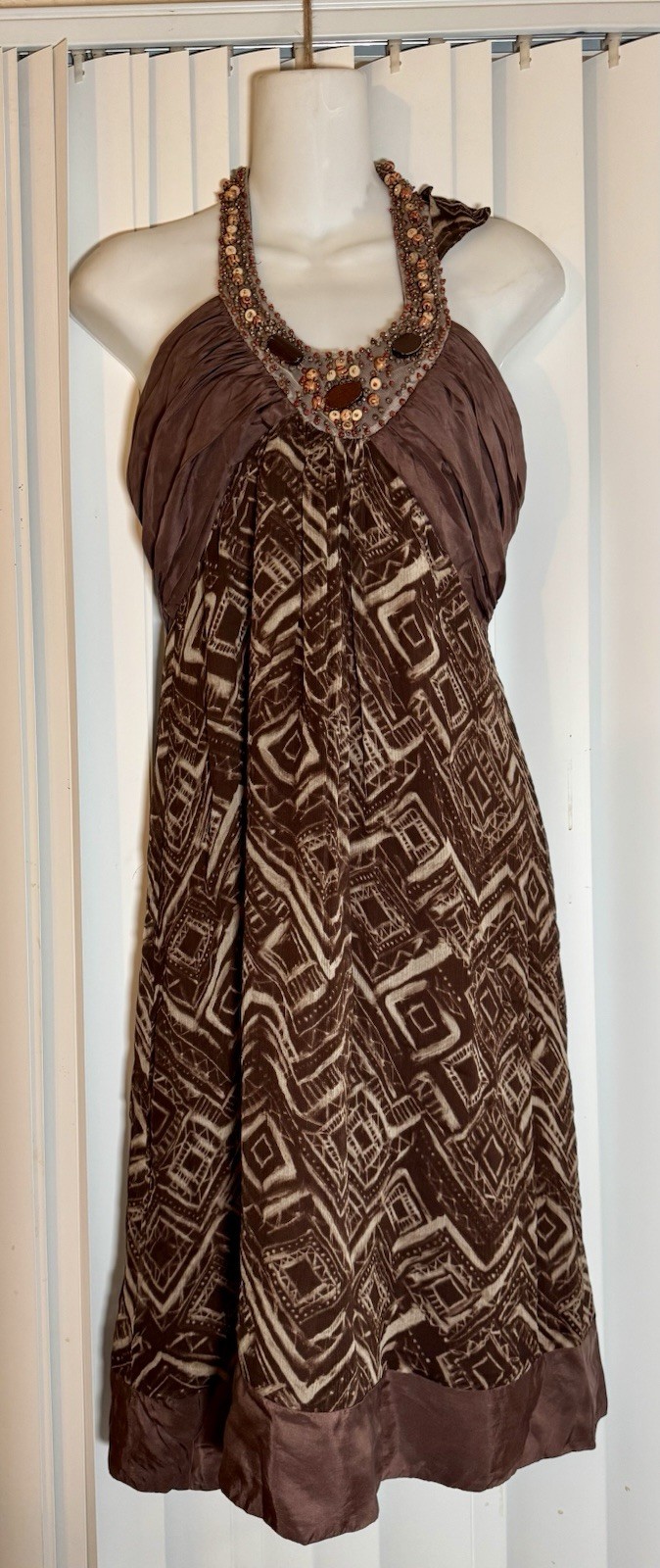 BCBGMAXAZRIA Silk Beaded Halter Dress Brown Geometric Tribal Print Womens Sz 10 BCBGMAXAZRIA Silk Beaded Halter Dress Brown Geometric Tribal Print Womens Sz 10