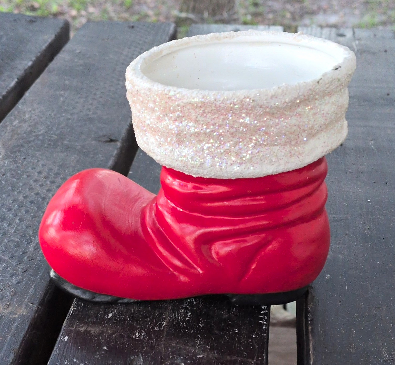 Ceramic Christmas Santa Boot Planter Red White Black Glossy Glitter Cuff Ceramic Christmas Santa Boot Planter Red White Black Glossy Glitter Cuff