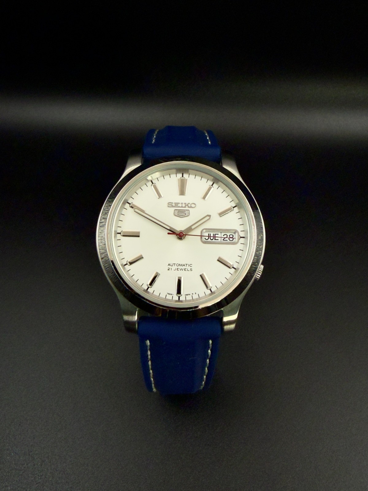 Seiko 5 Automatic Men\'s 36mm Silver White Dial 7S26 Day/Date Blue Rubber Strap
