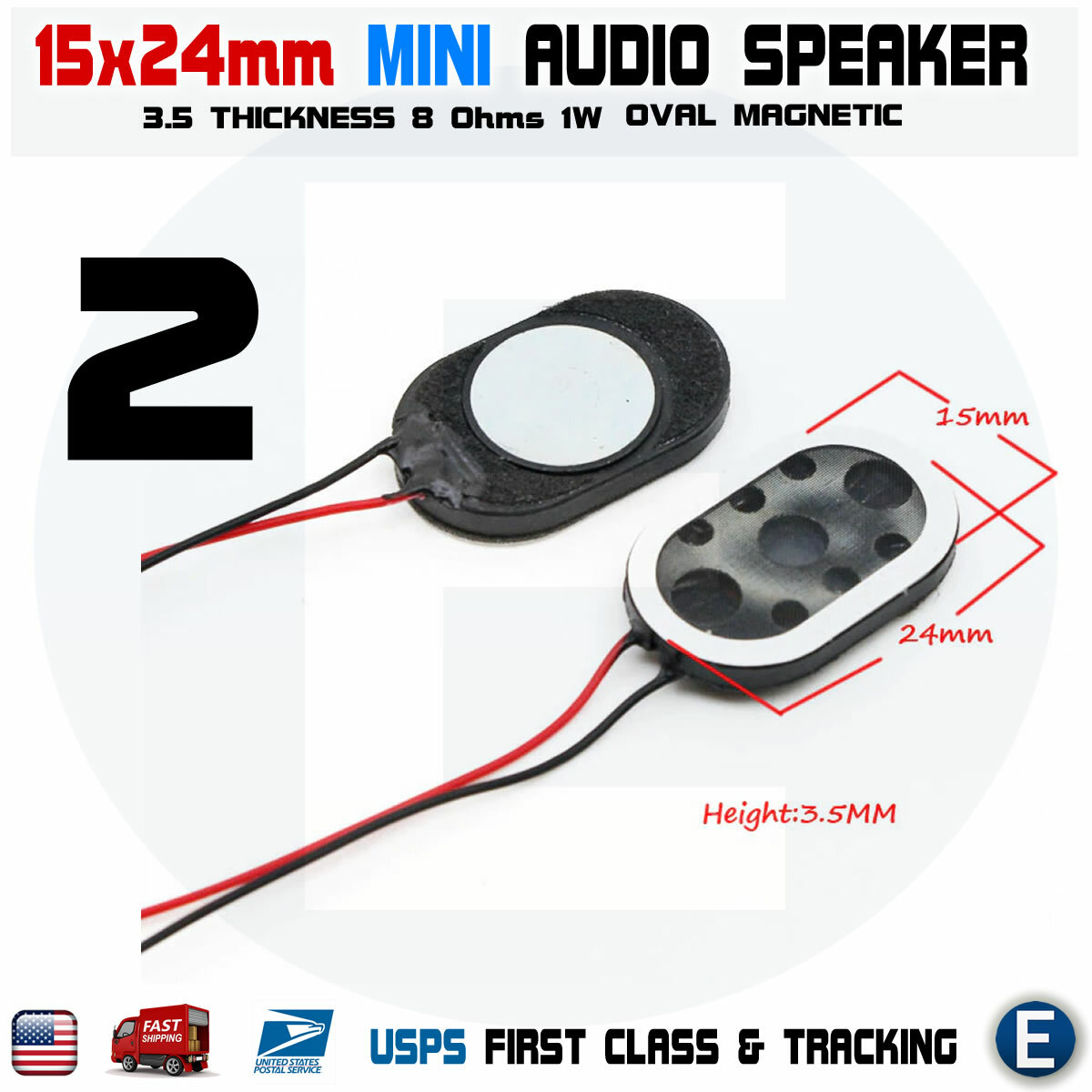 2pcs Speaker Oval 15x24mm Dia 8 Ohm 1W 2-Wire Mini Micro Audio Magnetic Arduino