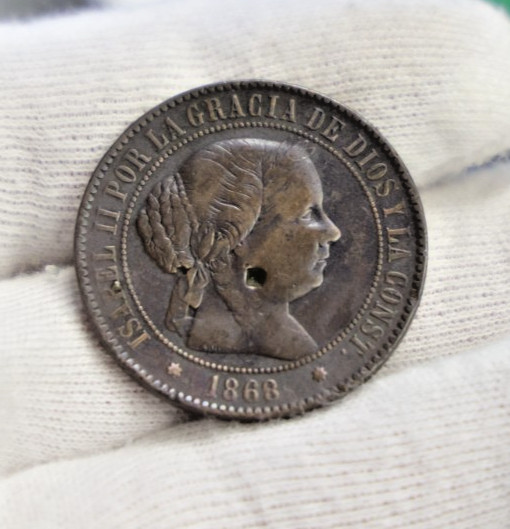 1868 Spanish 5 Centimes Coin (Partial Hole)