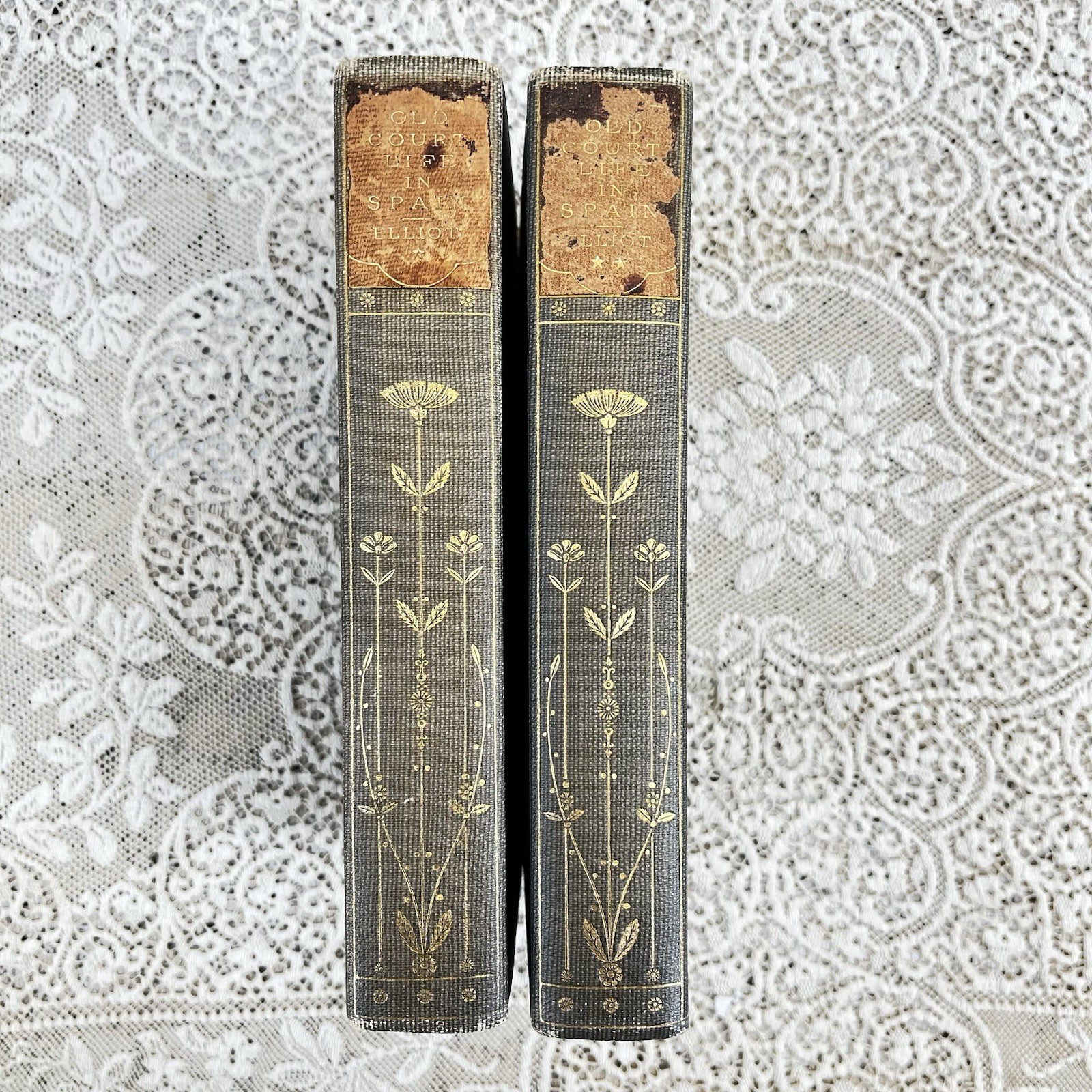 Antique 1894 Book Set Old Court Life In Spain Gilt Floral Spines Photogravures