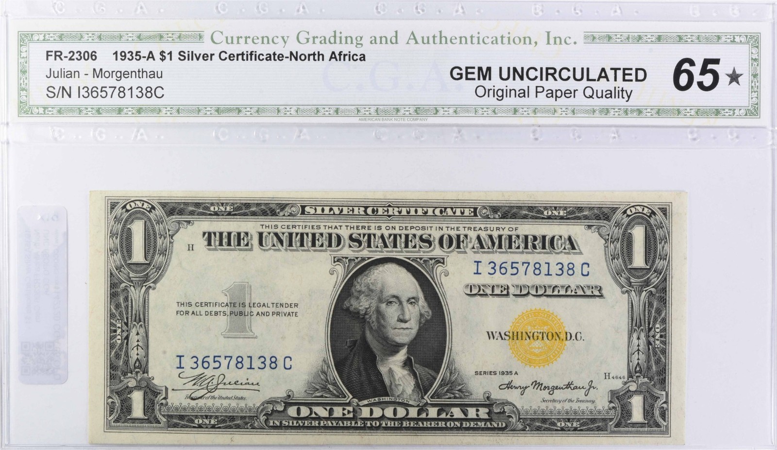 1935A $1 WWII Emergency Issue Silver Cert North Africa FR2306 Gem UNC 65OPQ CGA