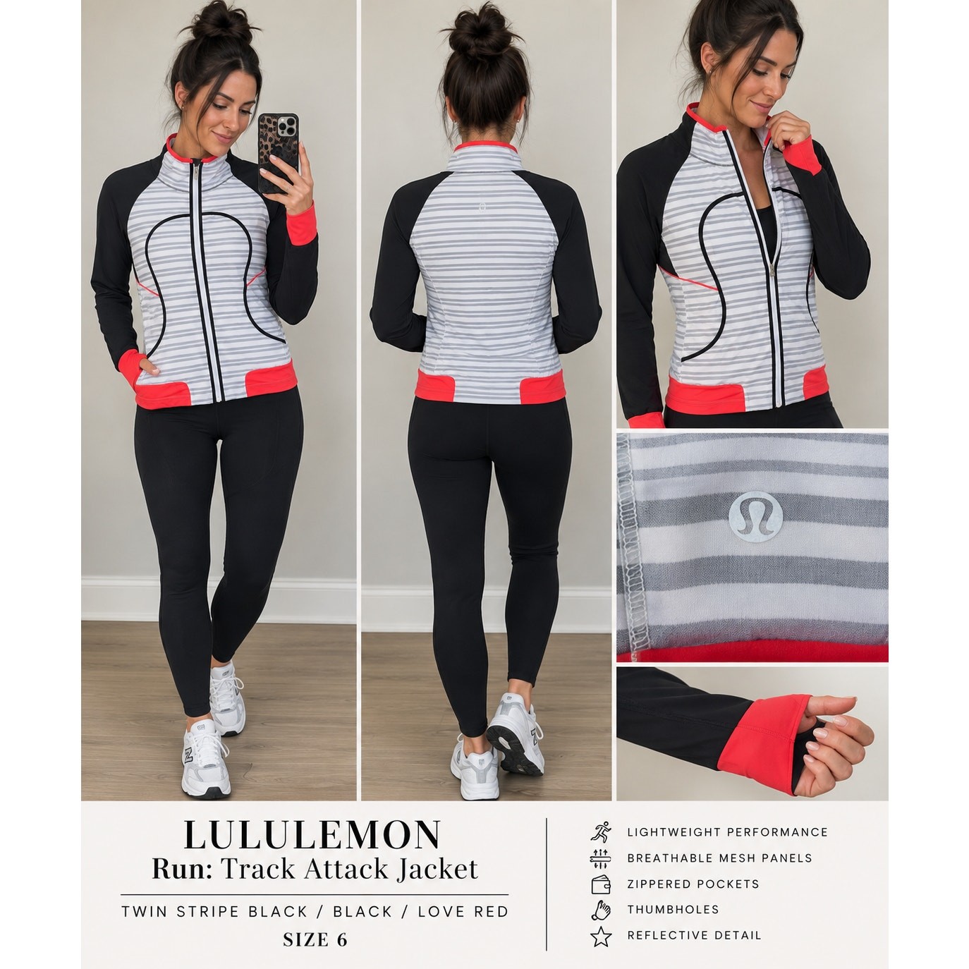 Lululemon Run Track Attack Jacket in Twin Stripe Black / Black / Love Red 6.