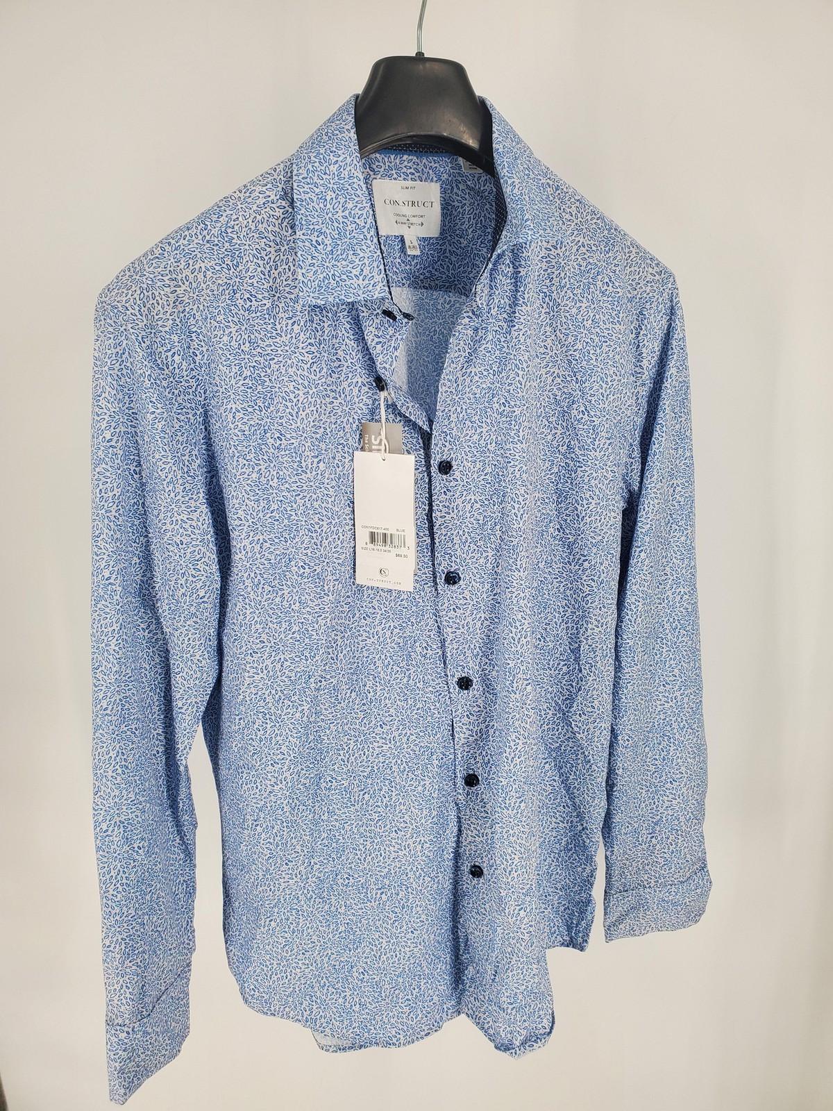 CON.STRUCT Dress Shirt Men\'s L 16-16.5 34/35 Blue Geometric Slim Fit Stretch