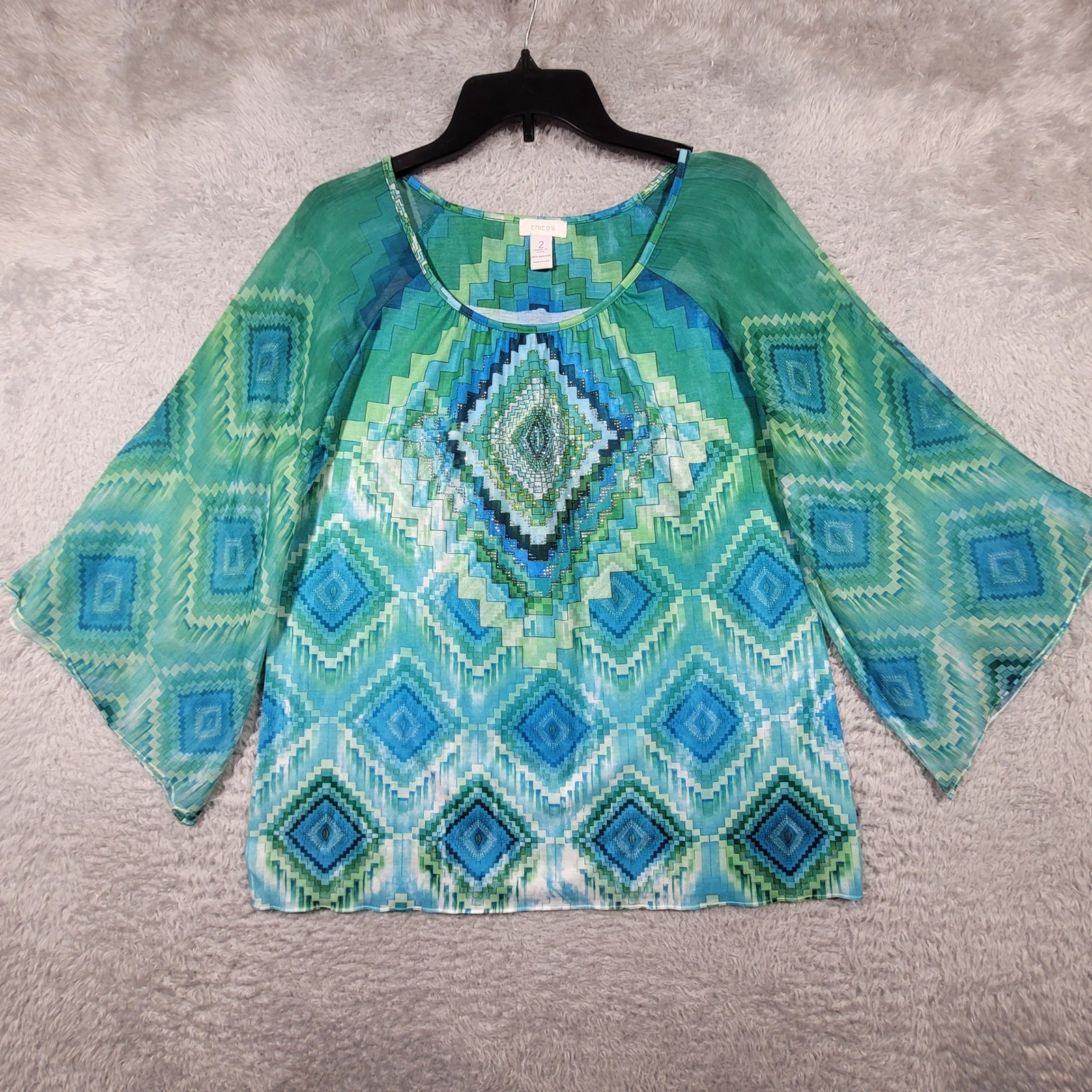 Chicos 2 Blouse Womens L 12 Green Blue Geometric Embellished Sheer Bell Sleeves