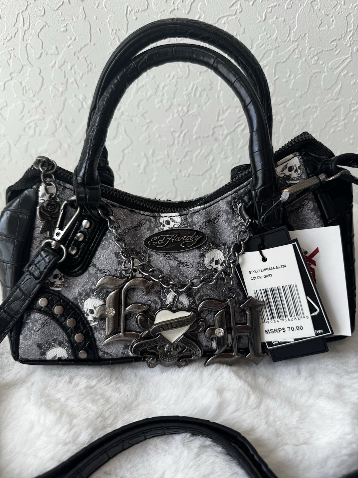 Ed Hardy Grey Skull Charm Satchel HandbEd Hardy Grey Skull Charm Satchel Handbag