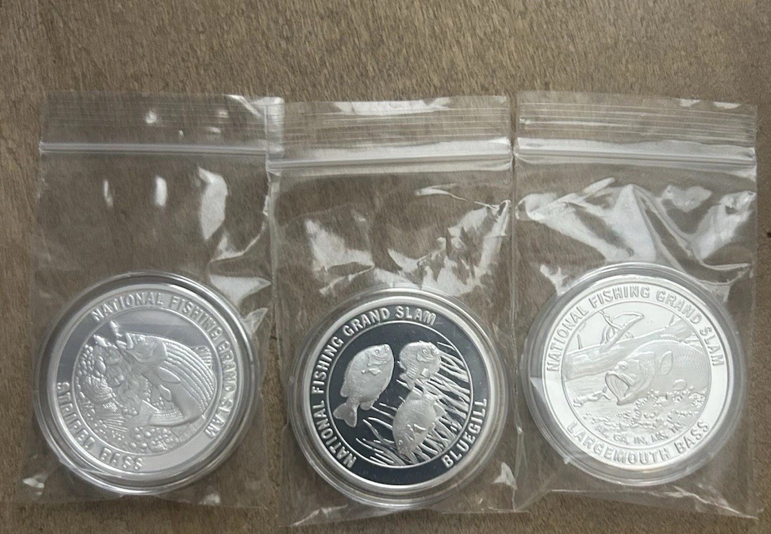 National Fishing Grand Slam Coins Silver Plated Lot Of 3 Largemouth Bass Plus National Fishing Grand Slam Coins Silver Plated Lot Of 3 Largemouth Bass Plus