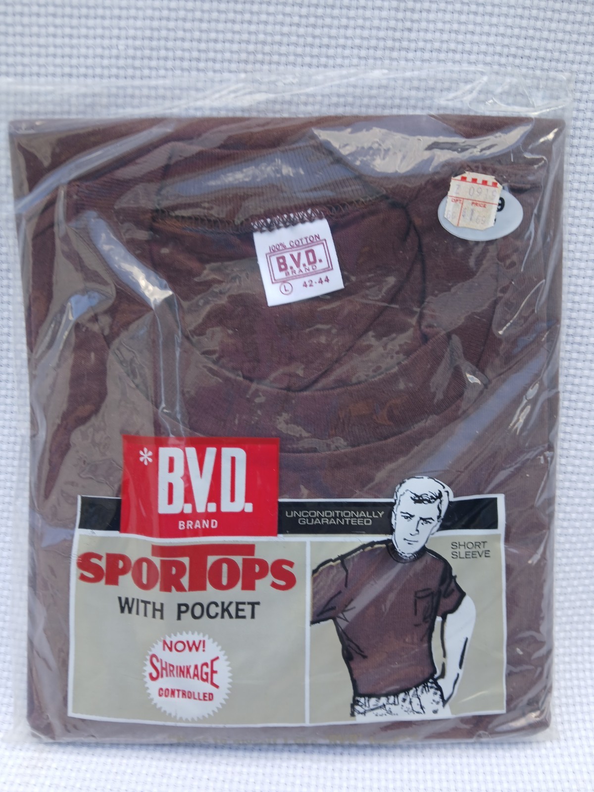 Vintage NOS BVD T Shirt Large Brown Short Sleeve Pocket Sport Tops 42-44