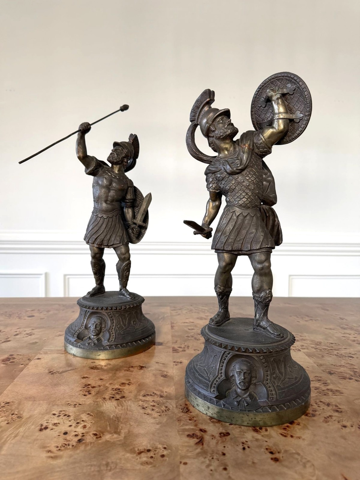 1886 Nicholas Muller & Sons Spelter Warrior Statues, Antique Pair 1886 Nicholas Muller & Sons Spelter Warrior Statues, Antique Pair