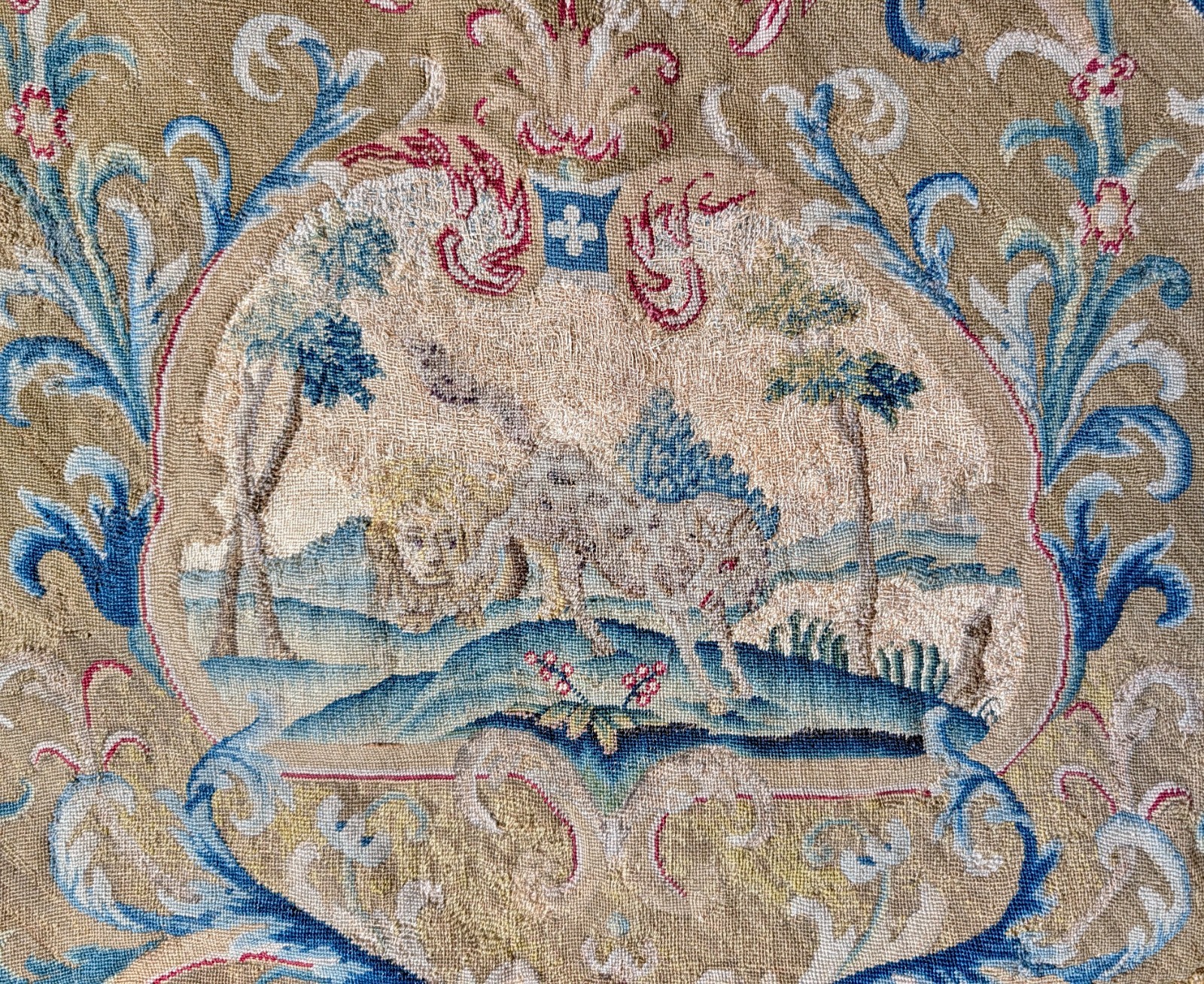 Tapestry, Fable of La Fontaine, The Wolf and the Leopard, Aubusson, 18th century, tapestry