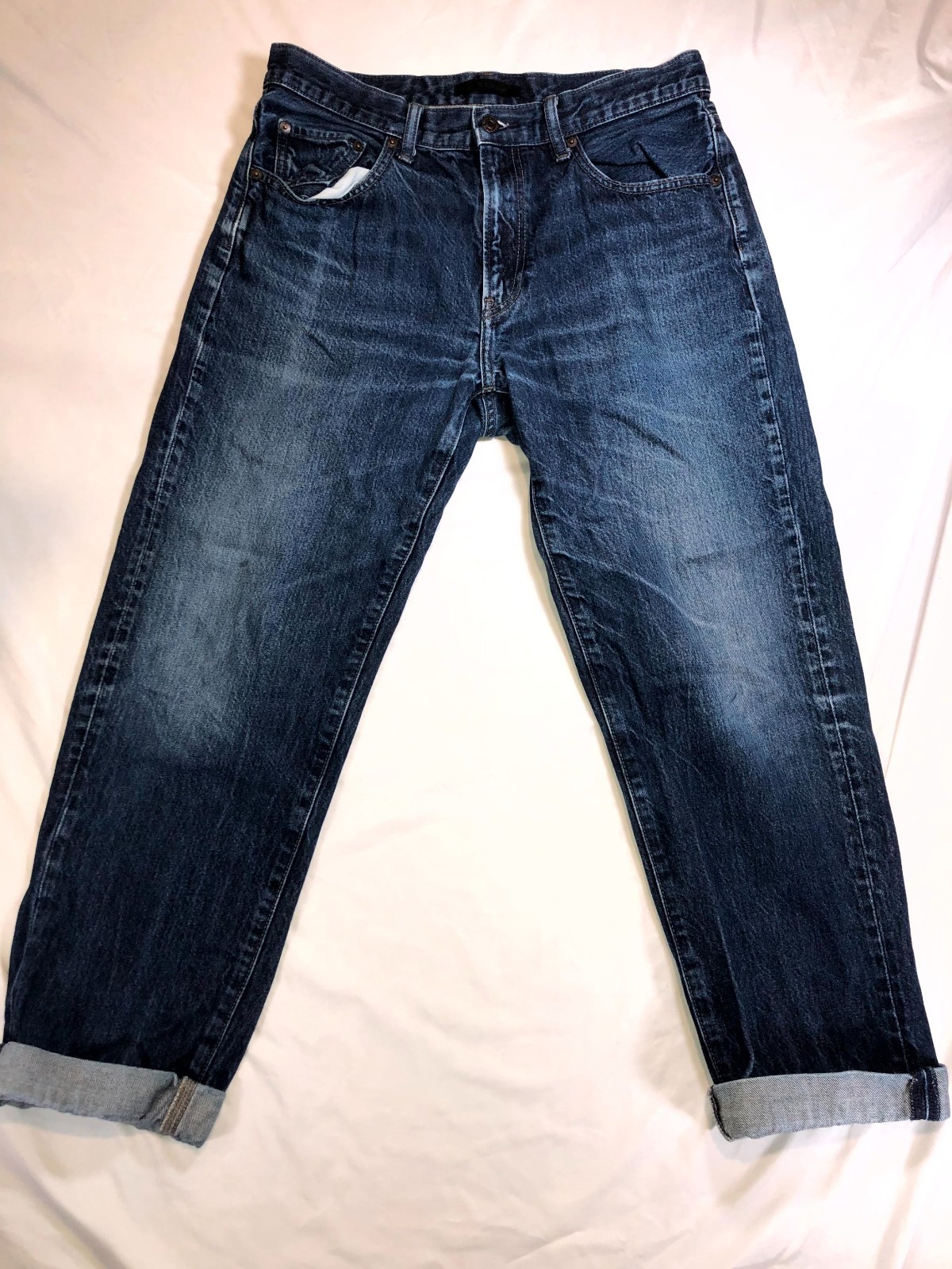 Uniqlo Tapered Jeans Mens 32 Blue Denim Faded Regular Fit Cuffed Hem 418939