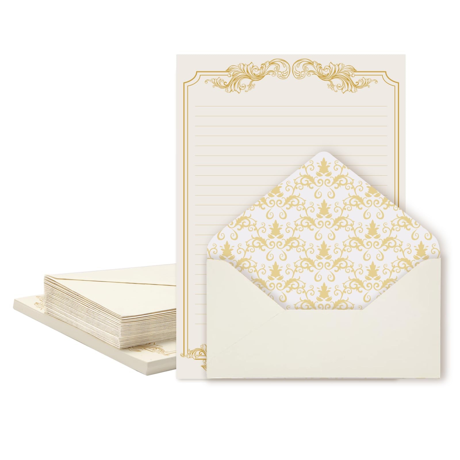 90 Piece Stationery Set  60 VintageStyle Paper Sheets + 30 Envelopes, Gold Bo...