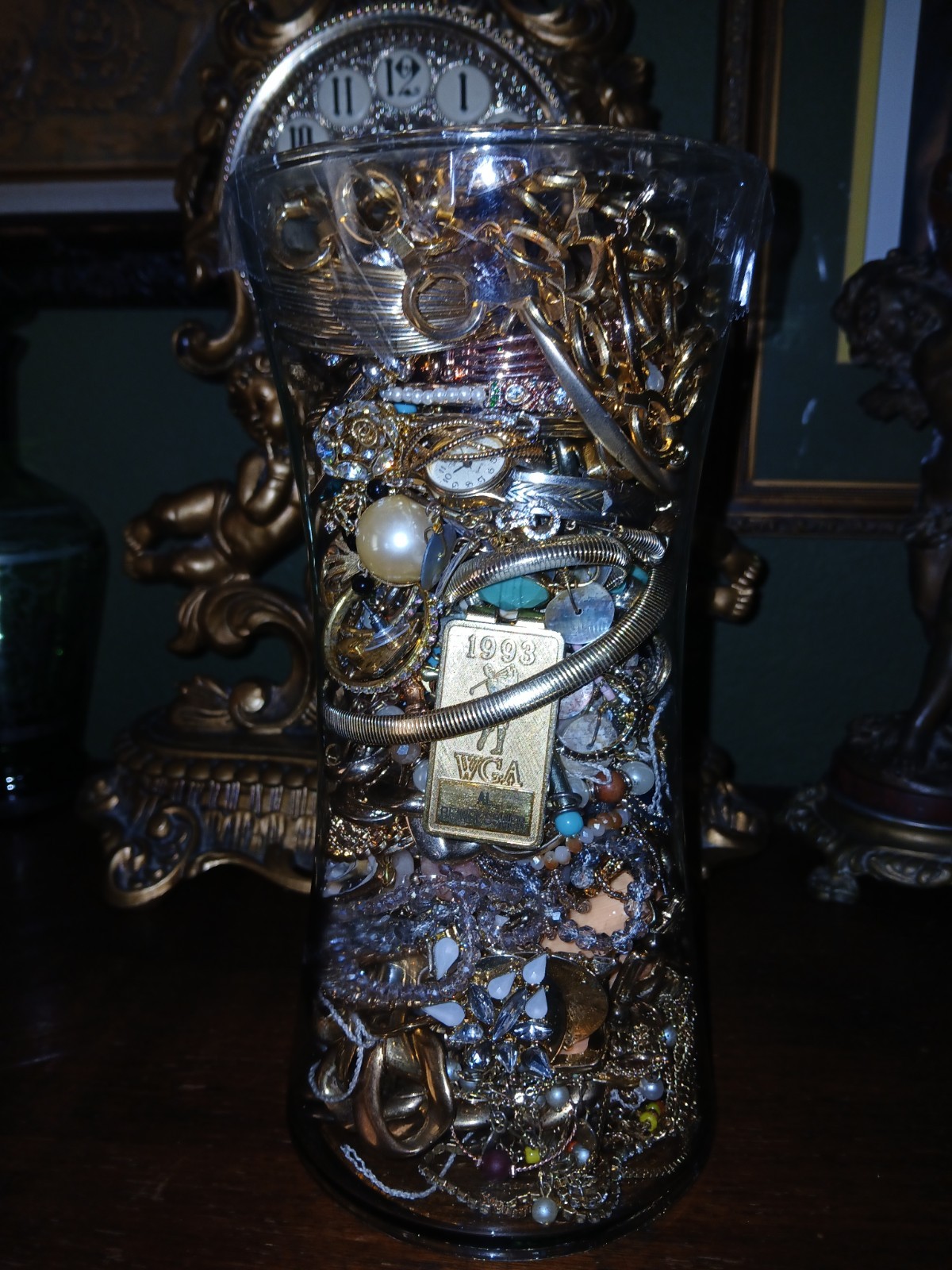 Vintage Gold Tone Mystery Jewelry Jar Vintage Gold Tone Mystery Jewelry Jar