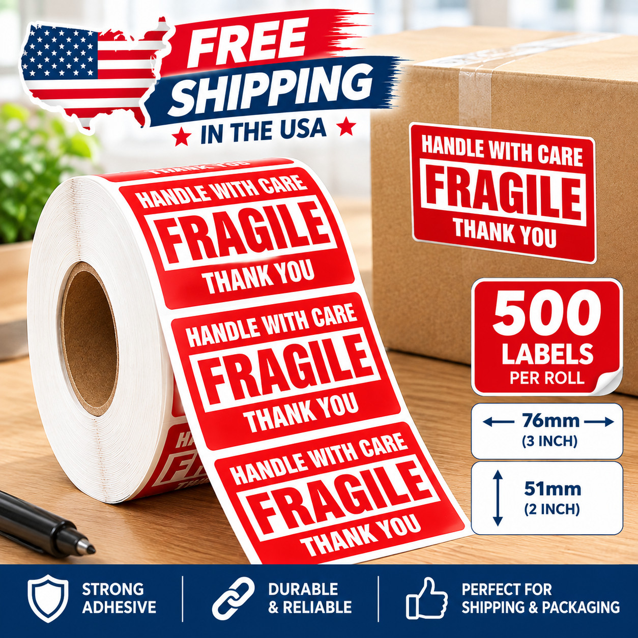 500Pcs Fragile Stickers 2x3\